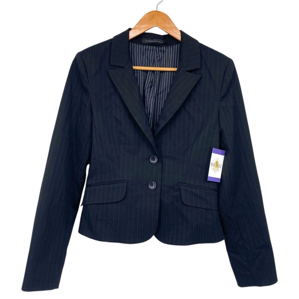 Express Design Studio Womens Blazer 12 Black Pinstripe Cropped Jacket Tailored